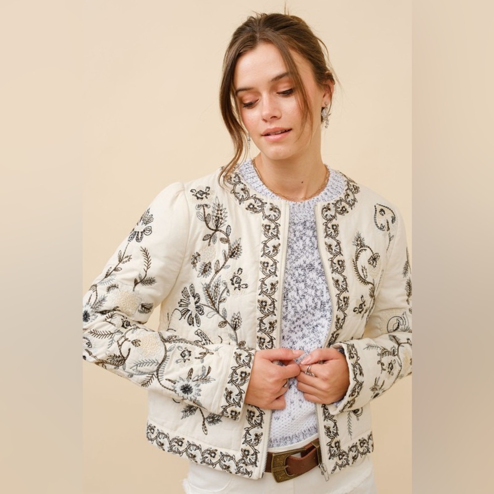 Embroidered Zip Up Jacket in Vanilla Black - Picture 3 of 8